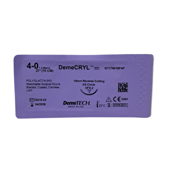 Sutura Vicryl 4-0 Aguja Curva Cortante Absorbible 19Mm/70Cm Demetech