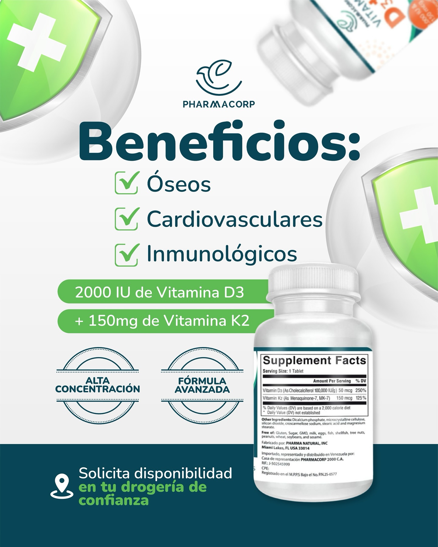 Vitamina D3 2.000Ui + Vitamina K2 50Mcg. X 30 Capsulas Pharmacorp - Imagen 2