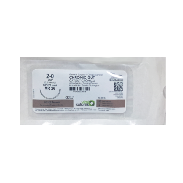 Sutura Cromico 2-0 Aguja Curva 75Cm/26Mm P.Conica 1/2 Vital Suture