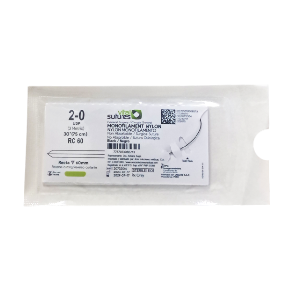 Sutura Nylon 2-0 Aguja Recta 75Cm/60Mm Cortante 3/8 Vital Suture