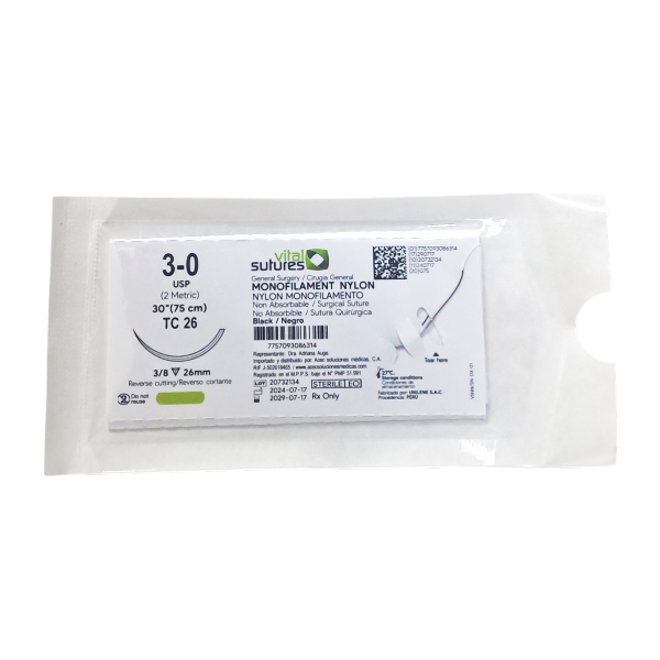 Sutura Nylon 3-0 Aguja Curva 75Cm/26Mm Cortante 3/8 Vital Suture