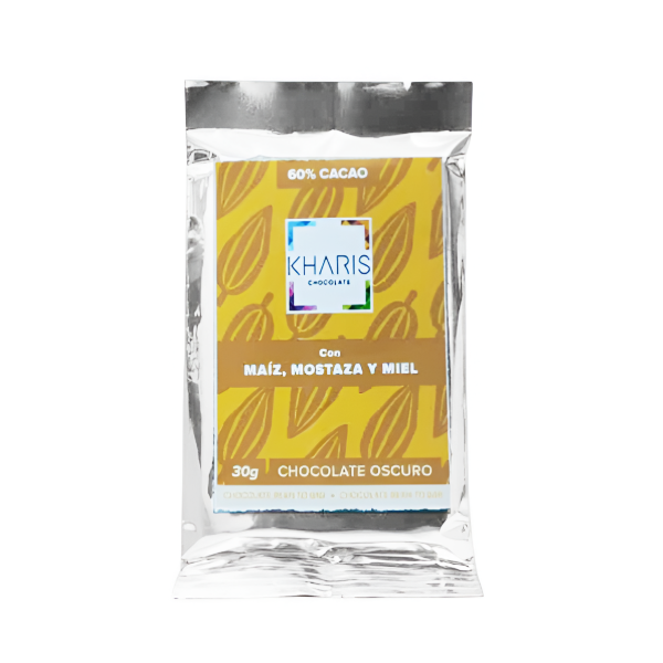 Kharis Chocolate Oscuro Con Maiz Mostaza Y Miel  60% Cacao 30Gr