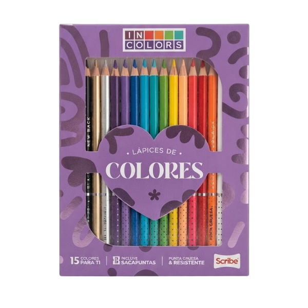 Scribe In Colors Lapices De Colores X 15 Unididades + Sacapunta