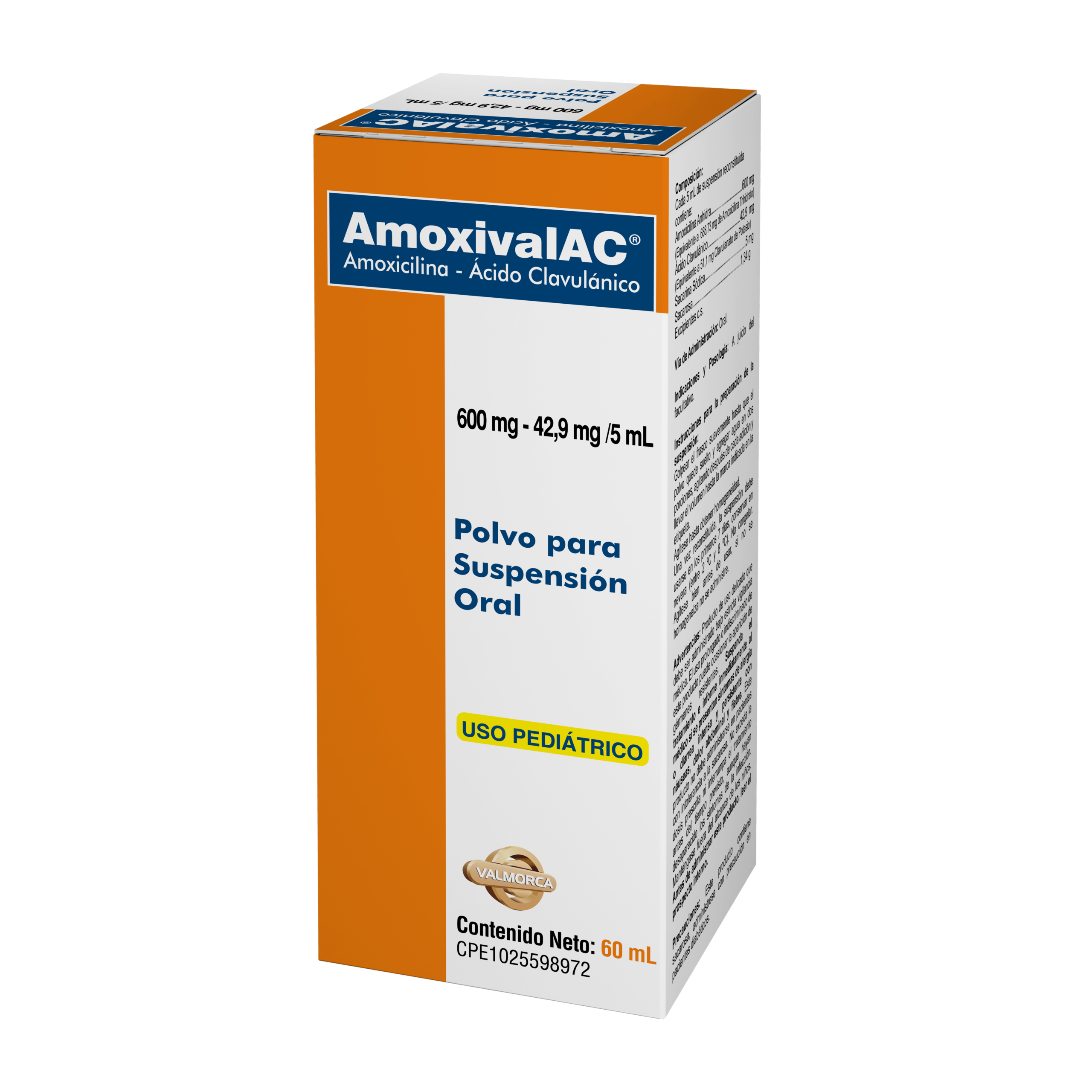Amoxival Ac Amoxicilina +Ácido Clavulánico Suspensión Polvo 600Mg/5Ml X 60Ml Valmorca - Imagen 2