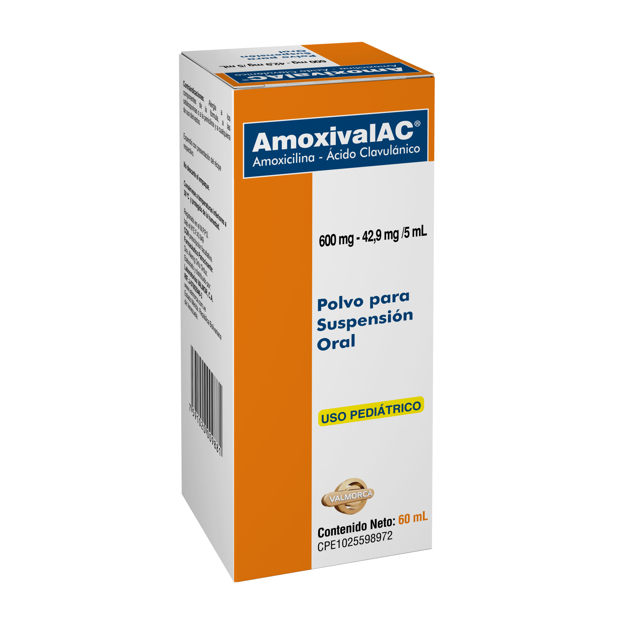 Amoxival Ac Amoxicilina +Ácido Clavulánico Suspensión Polvo 600Mg/5Ml X 60Ml Valmorca - Imagen 3