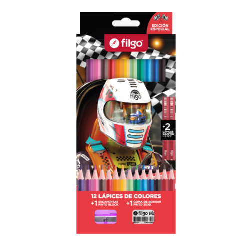 Filgo Lapices De Colores Carrera X 12 Unidades+2Lapices Hb+Sacapuntas+Borrador