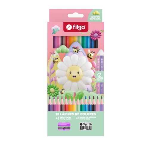 Filgo Lapices De Colores Flor X 12 Unidades+2Lapices Hb+Sacapuntas+Borrador