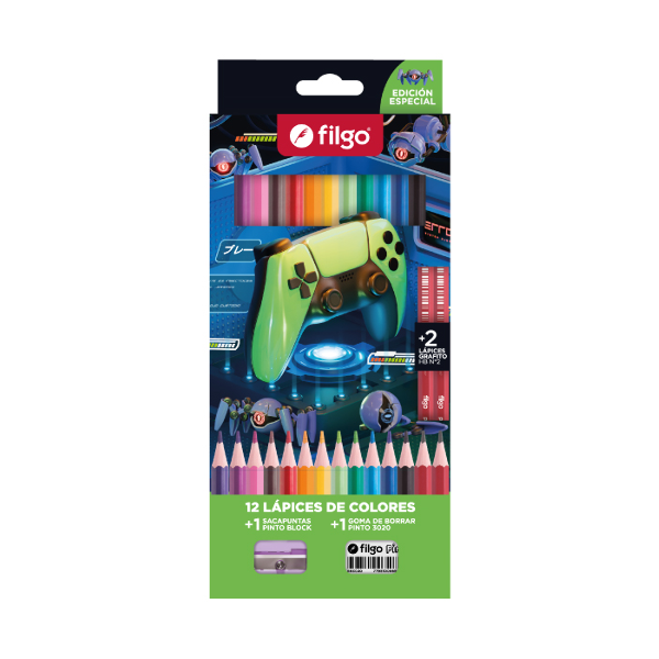 Filgo Lapices De Colores Gamer X 12 Unidades+2Lapices Hb+Sacapuntas+Borrador