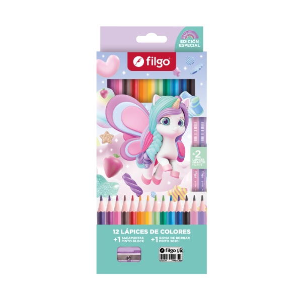 Filgo Lapices De Colores Unicornio X 12 Unidades+2Lapices Hb+Sacapuntas+Borrador